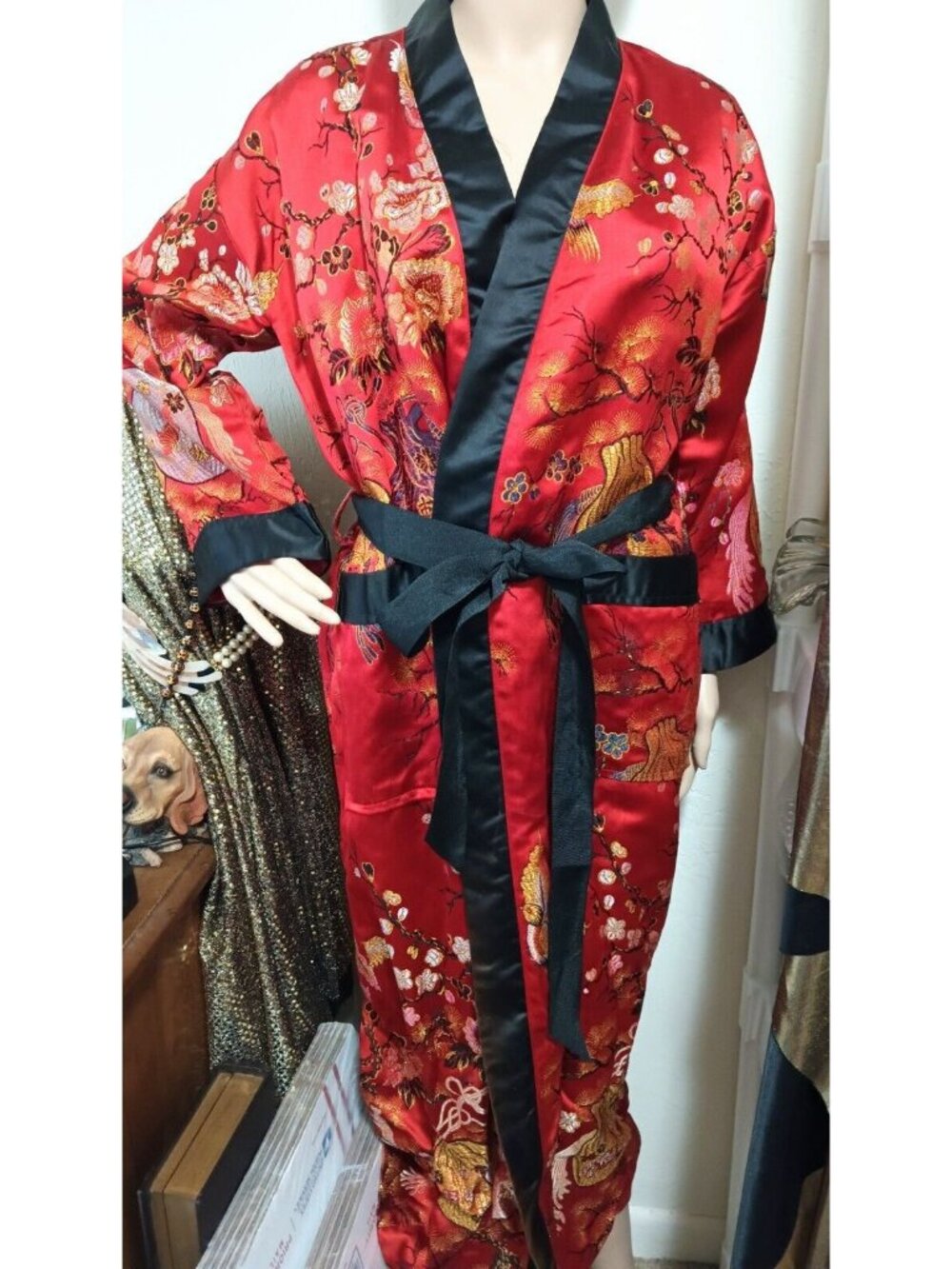 Handmade Red Satin Embroidered Kimono Robe with Black Trim and Belt
